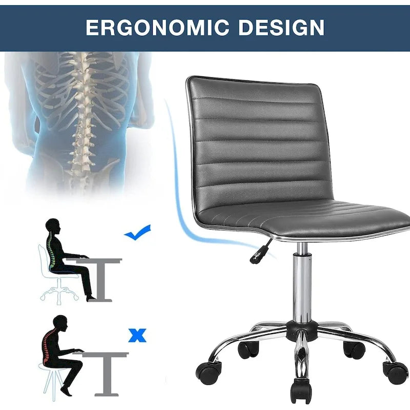 PU Leather Armless Swivel Task Chair Low Back Ribbed Adjustable Height Black White Brown Grey