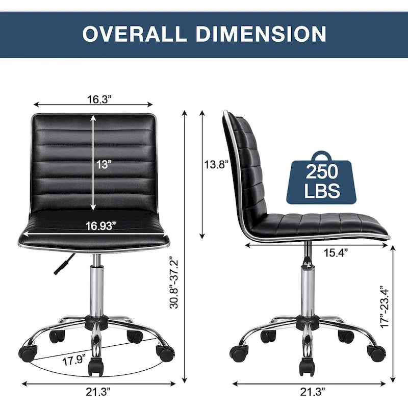 PU Leather Armless Swivel Task Chair Low Back Ribbed Adjustable Height Black White Brown Grey