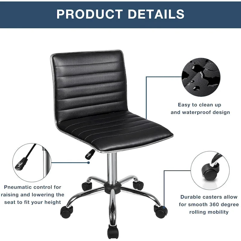PU Leather Armless Swivel Task Chair Low Back Ribbed Adjustable Height Black White Brown Grey