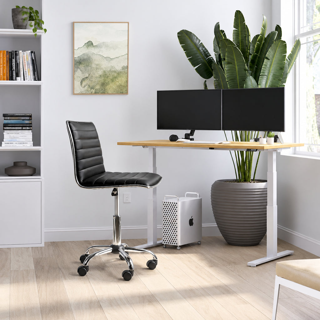 PU Leather Armless Swivel Task Chair Low Back Ribbed Adjustable Height Black White Brown Grey