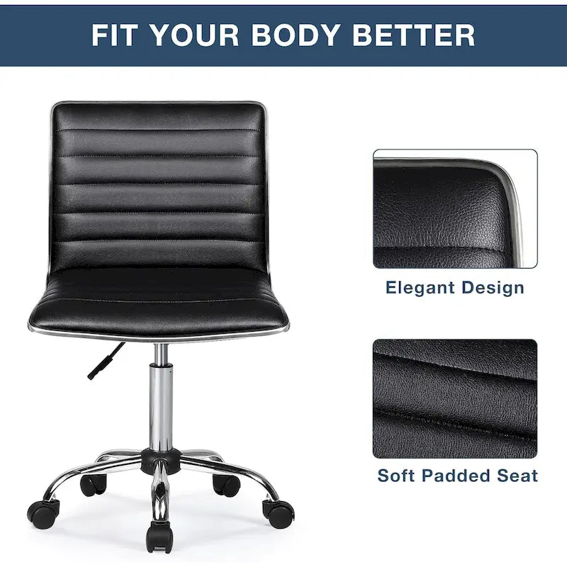 PU Leather Armless Swivel Task Chair Low Back Ribbed Adjustable Height Black White Brown Grey