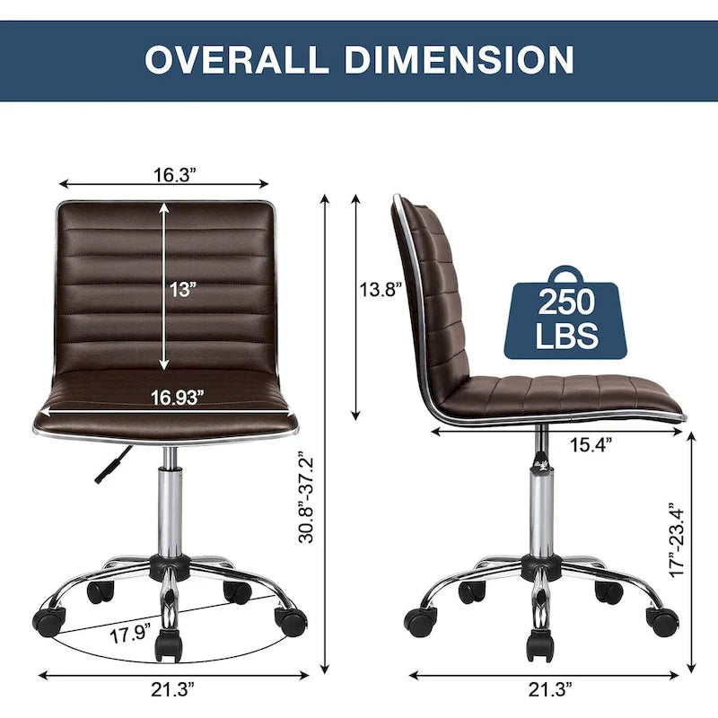 PU Leather Armless Swivel Task Chair Low Back Ribbed Adjustable Height Black White Brown Grey