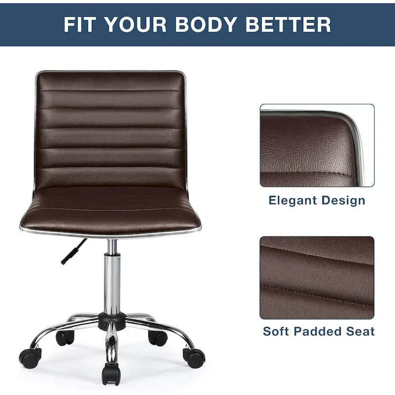 PU Leather Armless Swivel Task Chair Low Back Ribbed Adjustable Height Black White Brown Grey