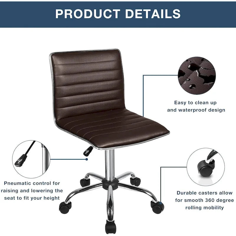 PU Leather Armless Swivel Task Chair Low Back Ribbed Adjustable Height Black White Brown Grey