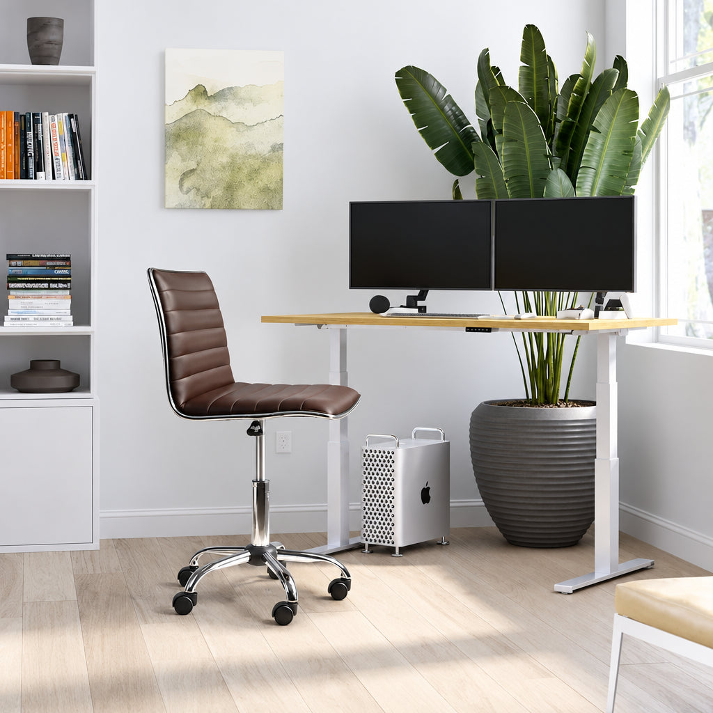 PU Leather Armless Swivel Task Chair Low Back Ribbed Adjustable Height Black White Brown Grey