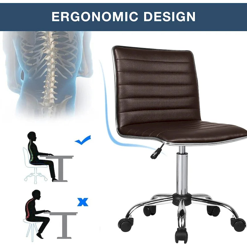 PU Leather Armless Swivel Task Chair Low Back Ribbed Adjustable Height Black White Brown Grey