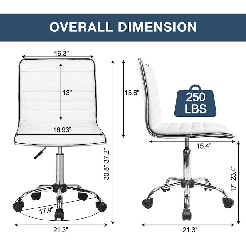 PU Leather Armless Swivel Task Chair Low Back Ribbed Adjustable Height Black White Brown Grey