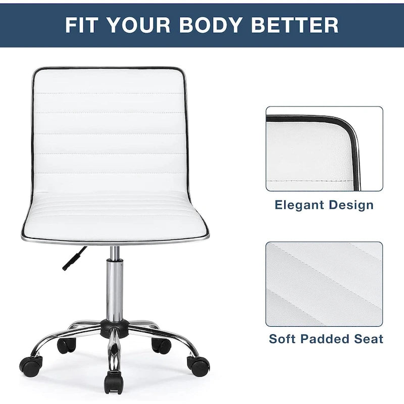 PU Leather Armless Swivel Task Chair Low Back Ribbed Adjustable Height Black White Brown Grey