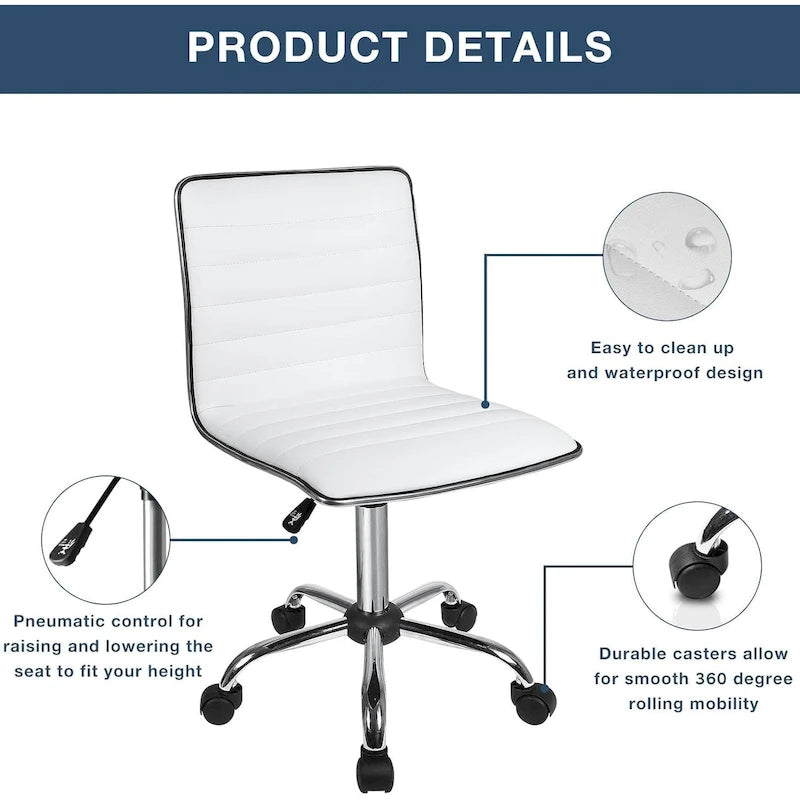 PU Leather Armless Swivel Task Chair Low Back Ribbed Adjustable Height Black White Brown Grey