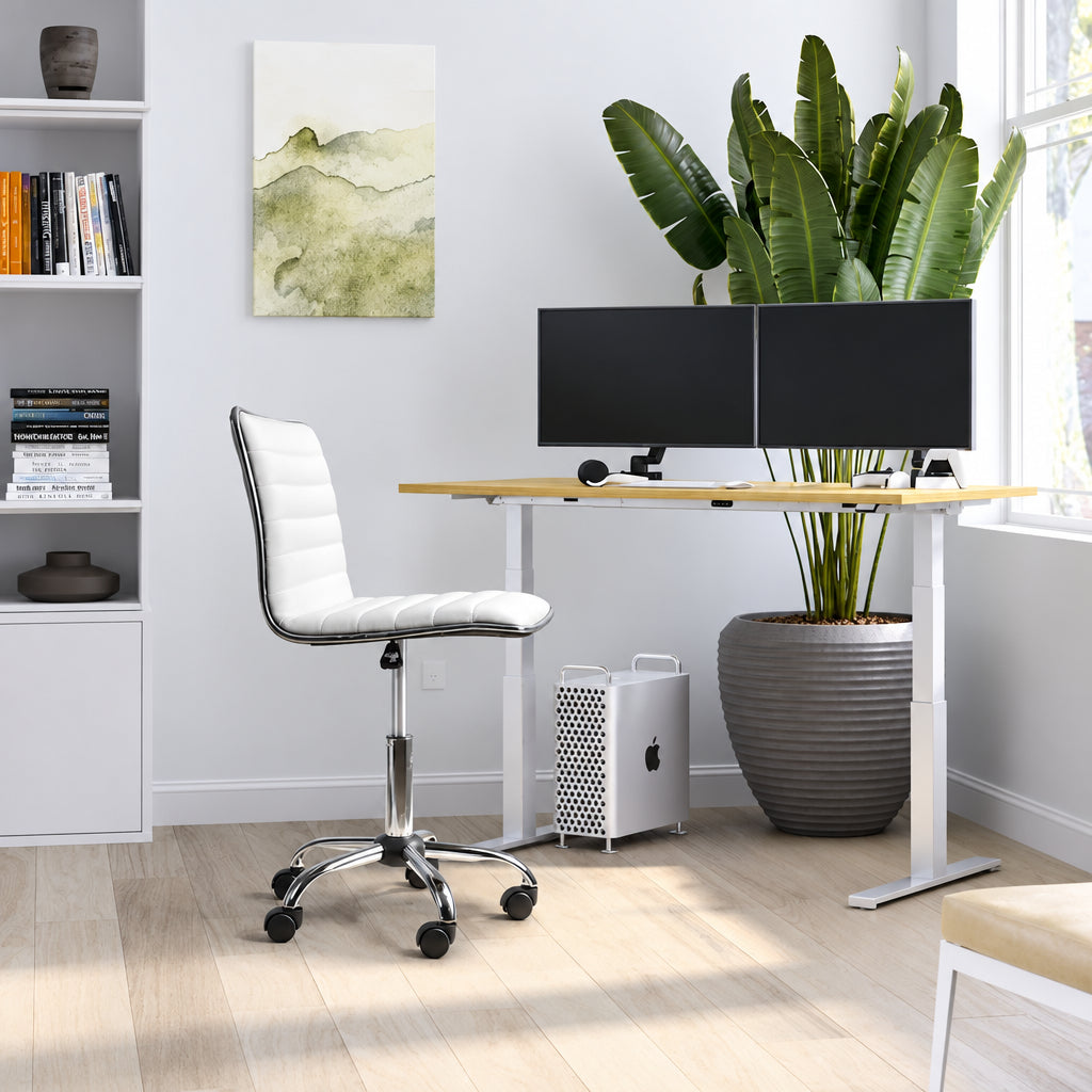 PU Leather Armless Swivel Task Chair Low Back Ribbed Adjustable Height Black White Brown Grey