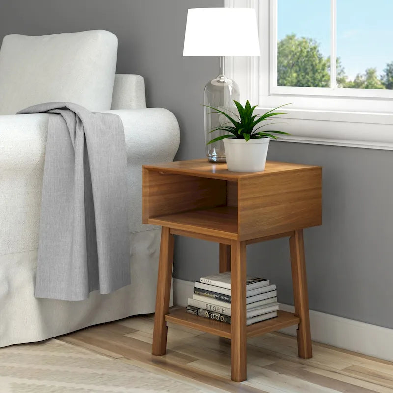 Mid-Century Modern Side Table with Open Cubby Storage and Angled Legs