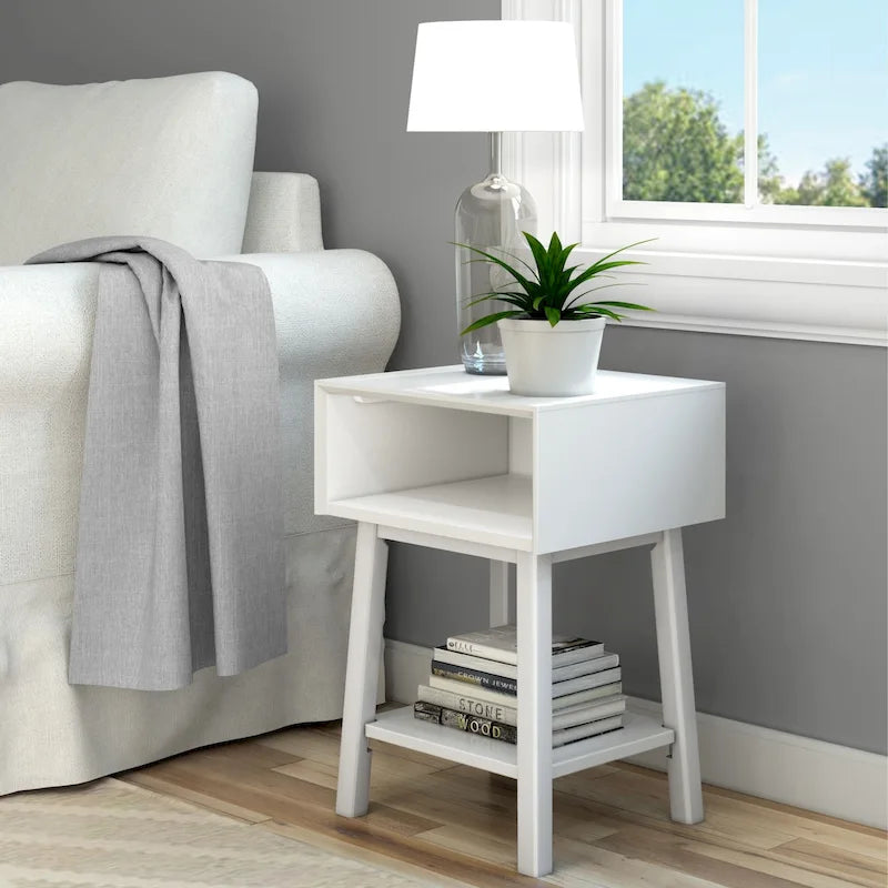 Mid-Century Modern Side Table with Open Cubby Storage and Angled Legs