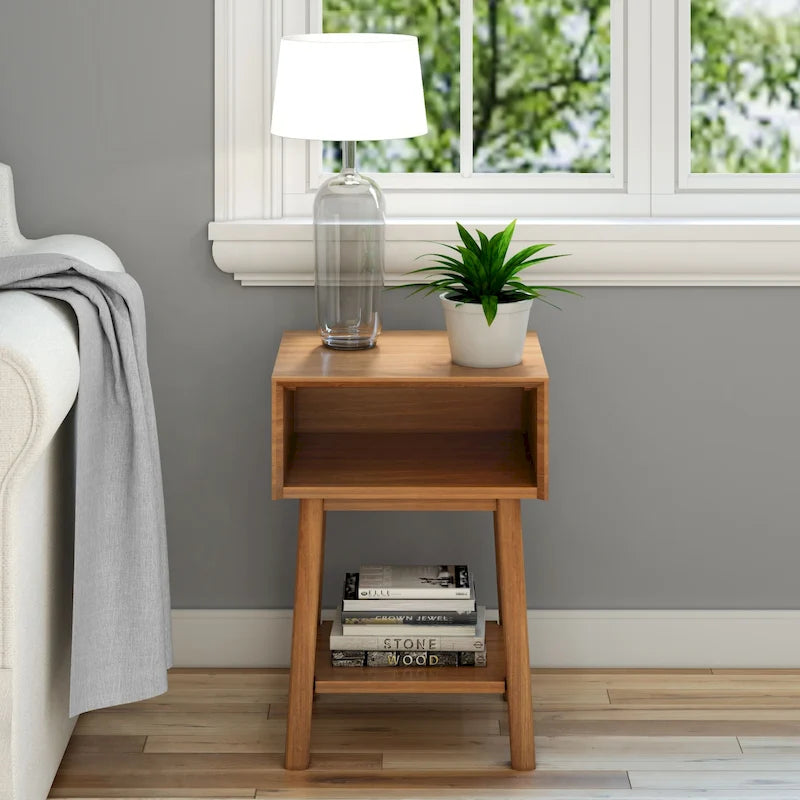 Mid-Century Modern Side Table with Open Cubby Storage and Angled Legs