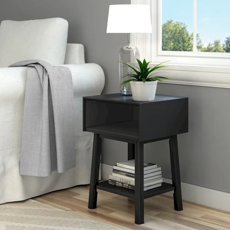 Mid-Century Modern Side Table with Open Cubby Storage and Angled Legs