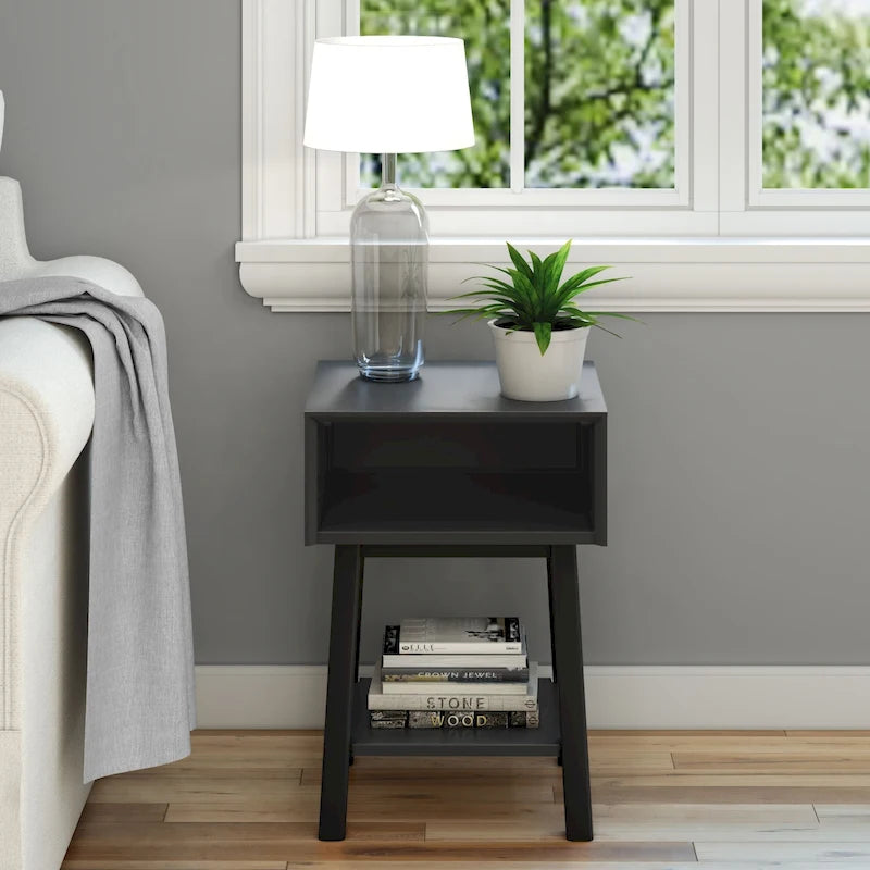 Mid-Century Modern Side Table with Open Cubby Storage and Angled Legs