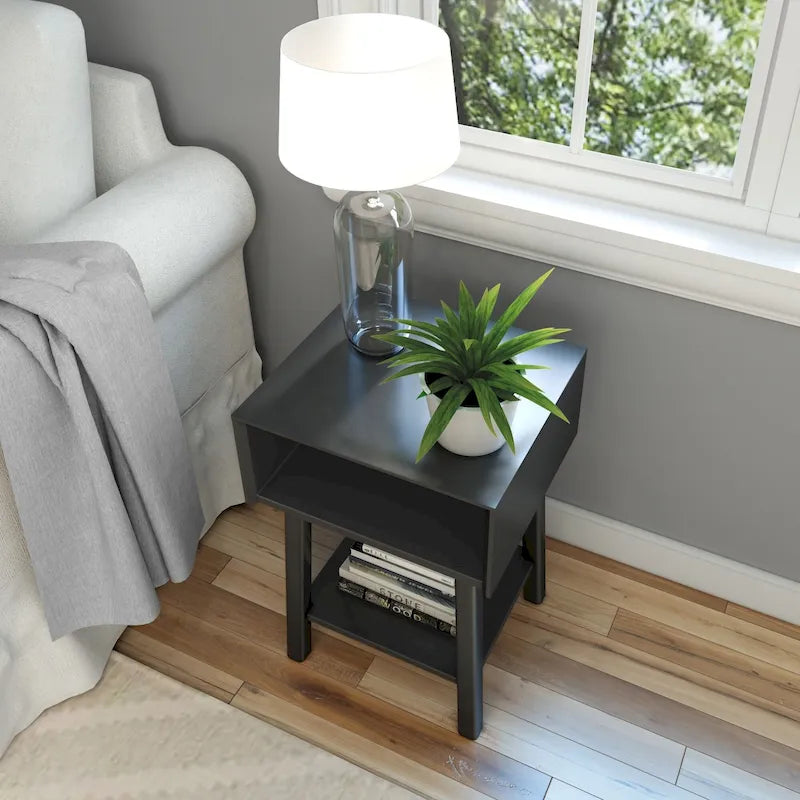 Mid-Century Modern Side Table with Open Cubby Storage and Angled Legs