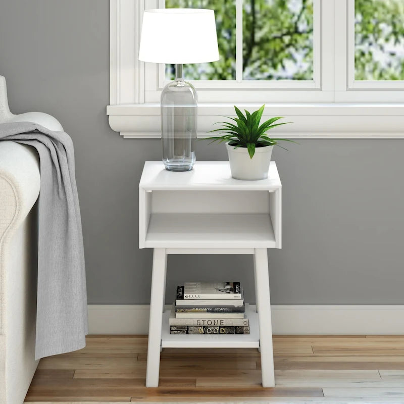 Mid-Century Modern Side Table with Open Cubby Storage and Angled Legs