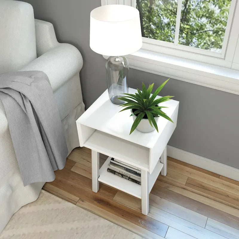 Mid-Century Modern Side Table with Open Cubby Storage and Angled Legs