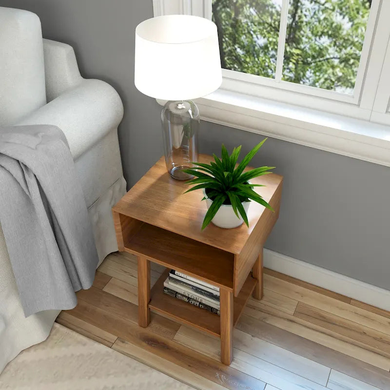 Mid-Century Modern Side Table with Open Cubby Storage and Angled Legs
