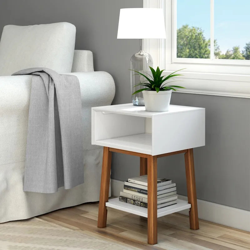Mid-Century Modern Side Table with Open Cubby Storage and Angled Legs