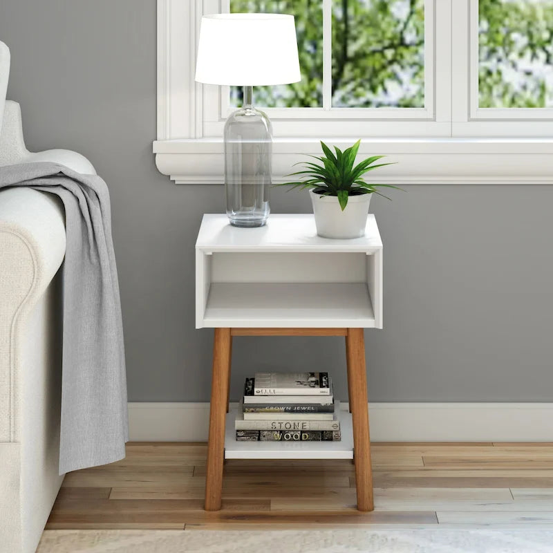 Mid-Century Modern Side Table with Open Cubby Storage and Angled Legs
