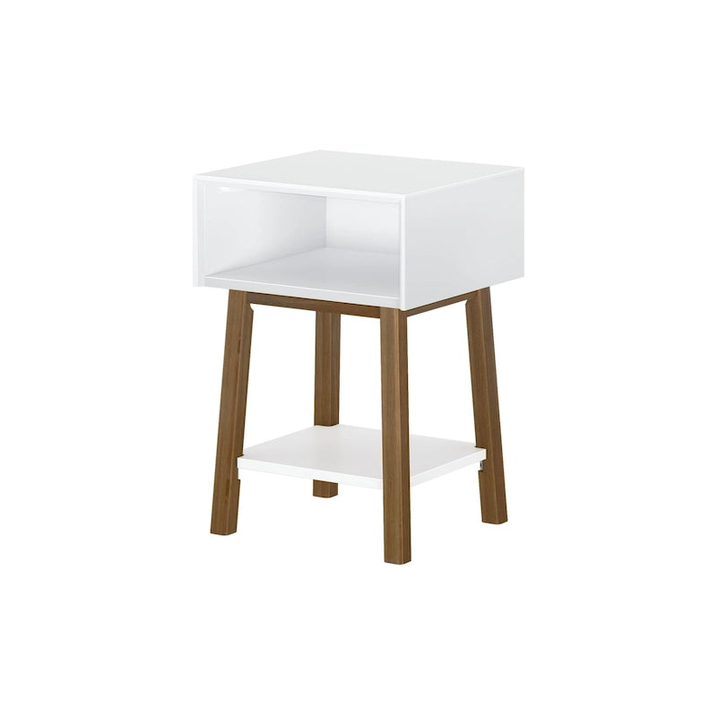 Mid-Century Modern Side Table with Open Cubby Storage and Angled Legs