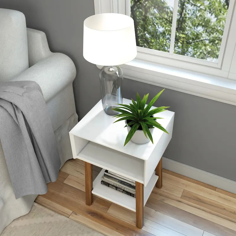 Mid-Century Modern Side Table with Open Cubby Storage and Angled Legs