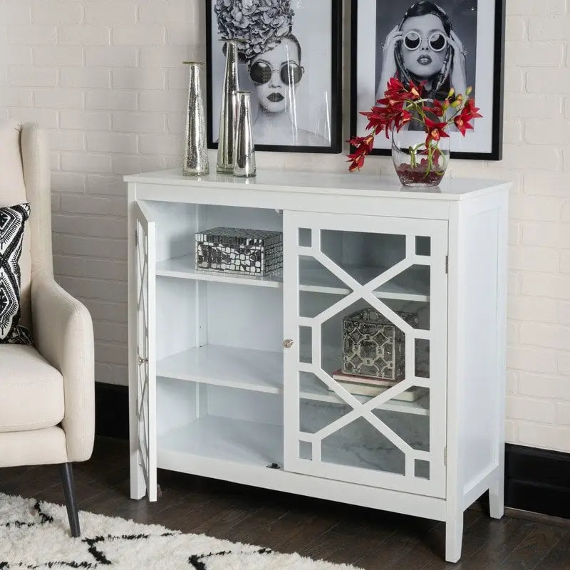 White Geometric Glass Door Display Cabinet with Three Shelves and Metal Knobs