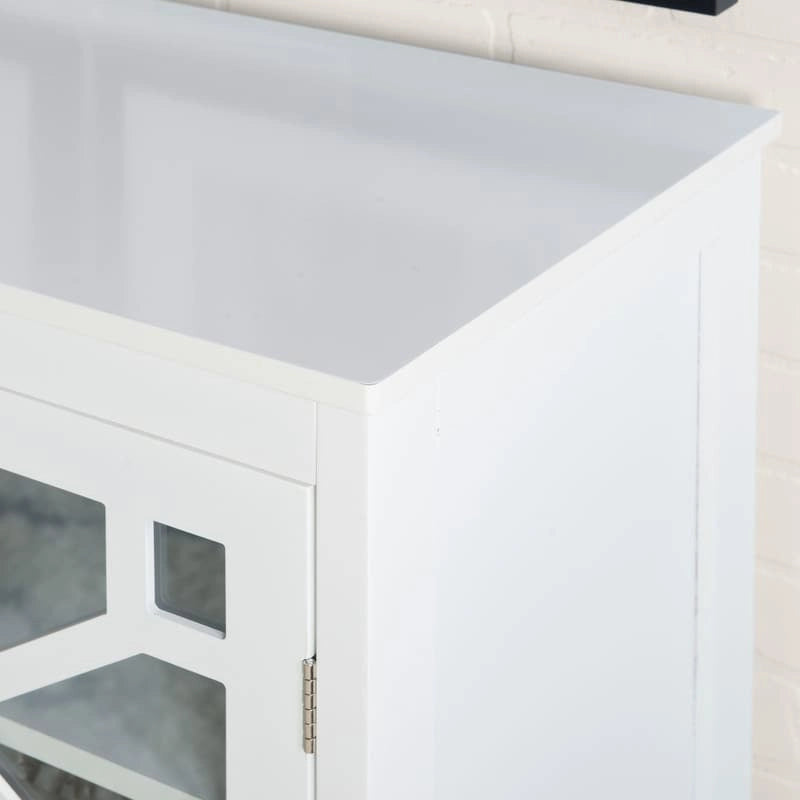 White Geometric Glass Door Display Cabinet with Three Shelves and Metal Knobs