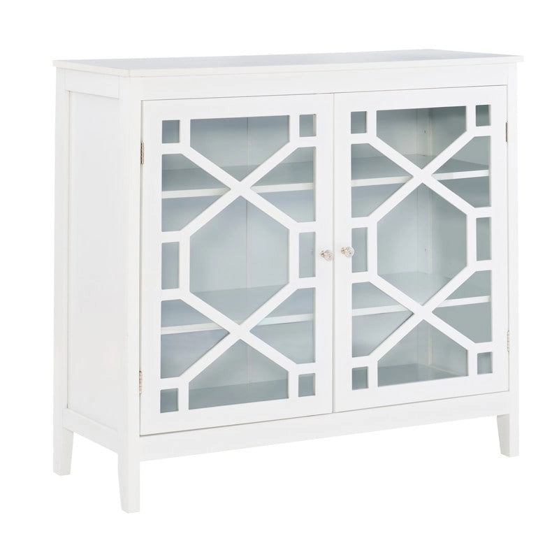 White Geometric Glass Door Display Cabinet with Three Shelves and Metal Knobs