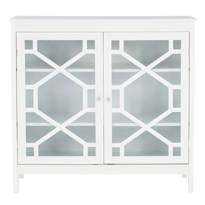 White Geometric Glass Door Display Cabinet with Three Shelves and Metal Knobs