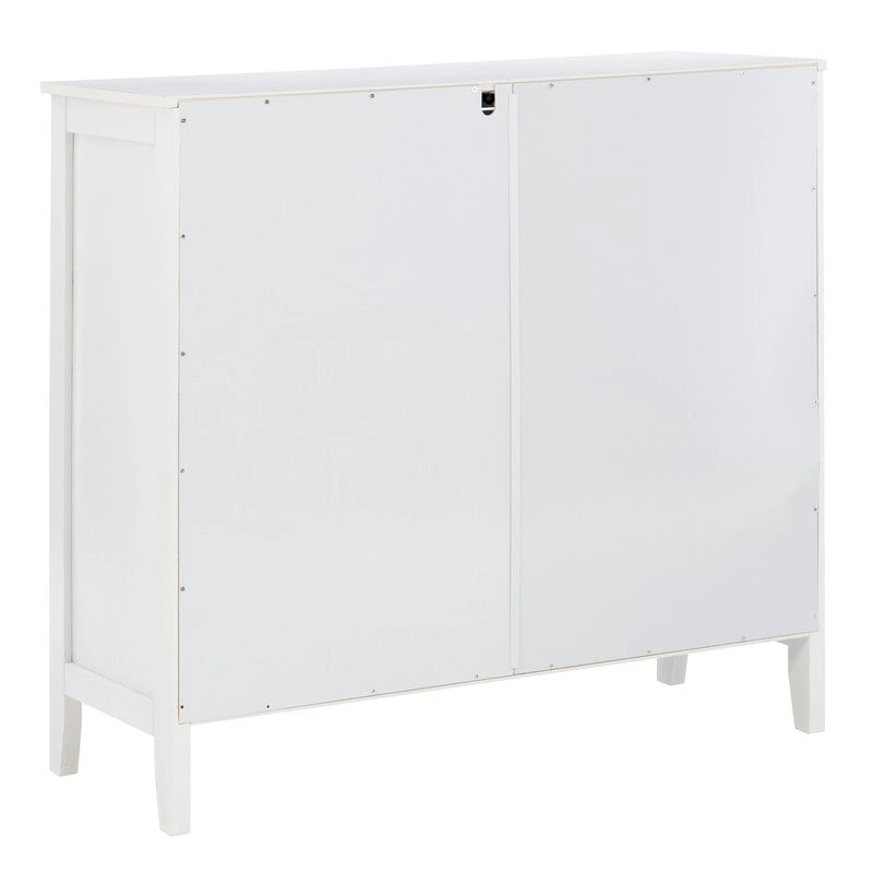 White Geometric Glass Door Display Cabinet with Three Shelves and Metal Knobs