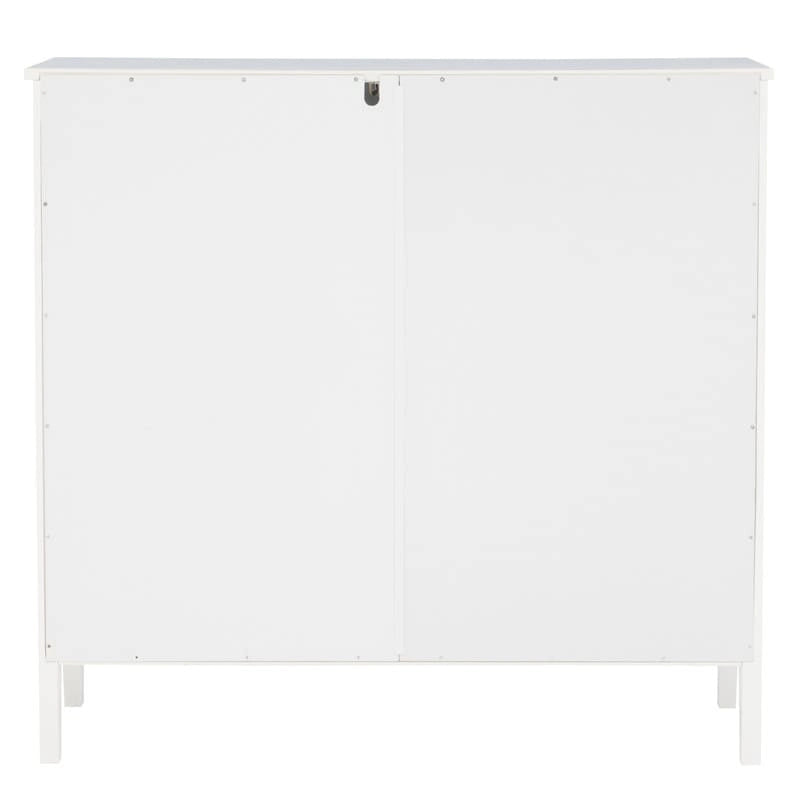 White Geometric Glass Door Display Cabinet with Three Shelves and Metal Knobs