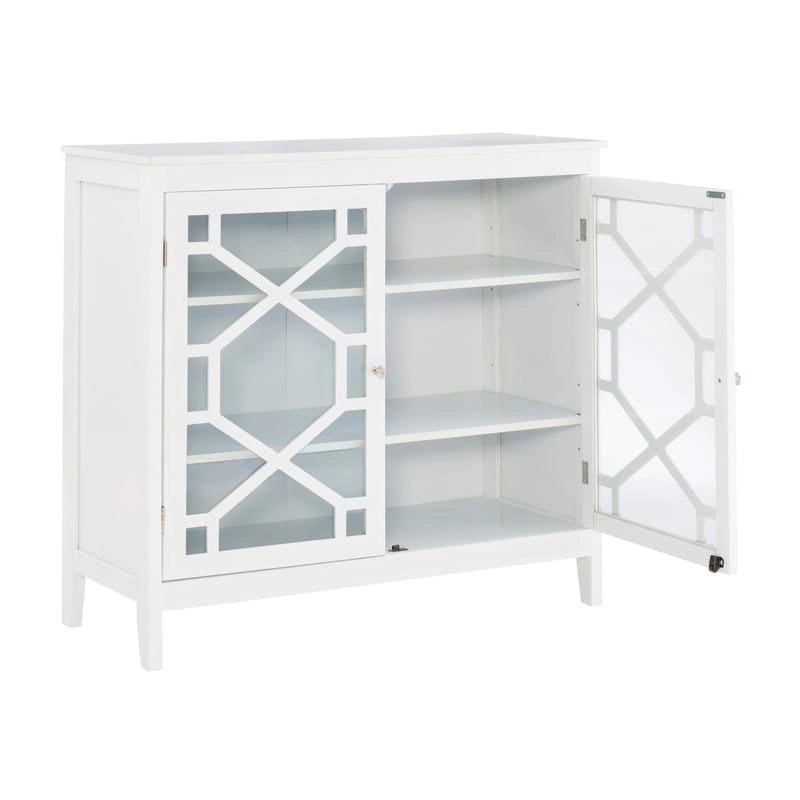 White Geometric Glass Door Display Cabinet with Three Shelves and Metal Knobs