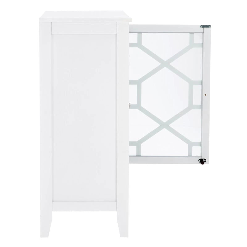 White Geometric Glass Door Display Cabinet with Three Shelves and Metal Knobs