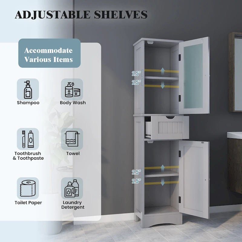 Bathroom Tall Cabinet Freestanding Linen Tower with Doors & Drawer