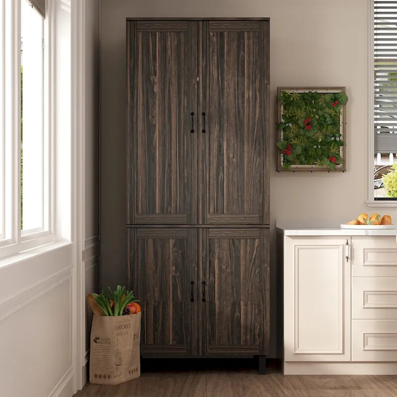 Dark Wood Grain Double-Door Kitchen Pantry Cabinet with Multi-Tier Shelves
