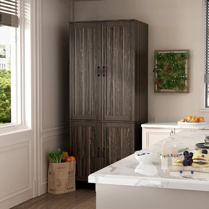 Dark Wood Grain Double-Door Kitchen Pantry Cabinet with Multi-Tier Shelves