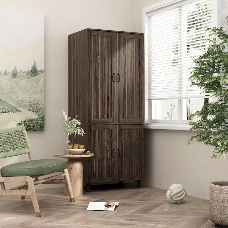 Dark Wood Grain Double-Door Kitchen Pantry Cabinet with Multi-Tier Shelves