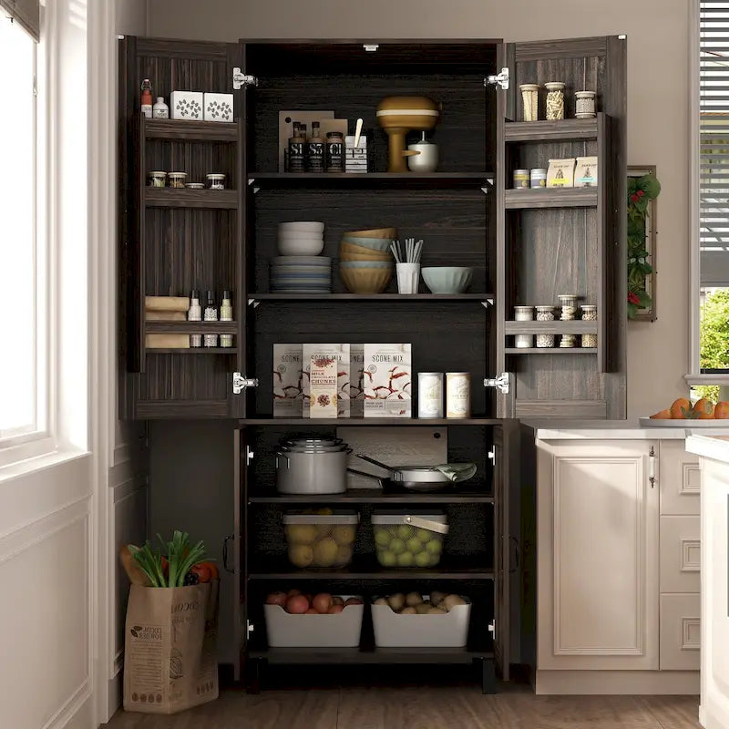 Dark Wood Grain Double-Door Kitchen Pantry Cabinet with Multi-Tier Shelves