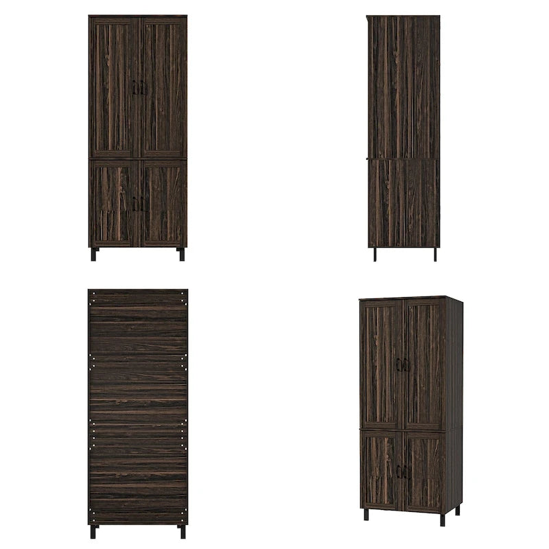 Dark Wood Grain Double-Door Kitchen Pantry Cabinet with Multi-Tier Shelves