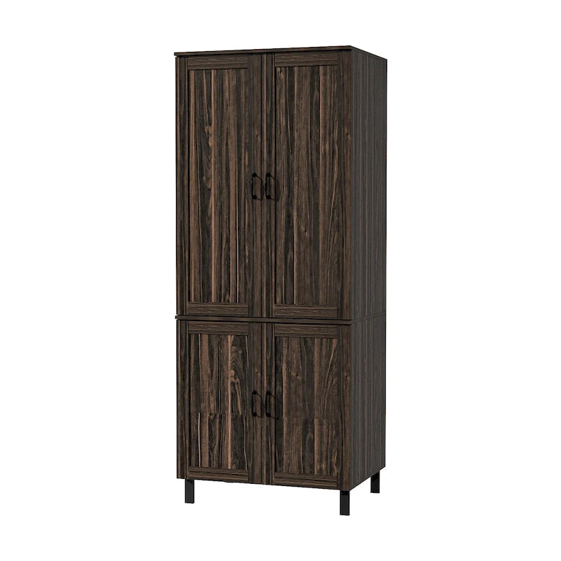 Dark Wood Grain Double-Door Kitchen Pantry Cabinet with Multi-Tier Shelves