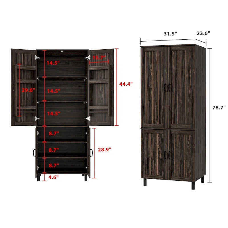 Dark Wood Grain Double-Door Kitchen Pantry Cabinet with Multi-Tier Shelves