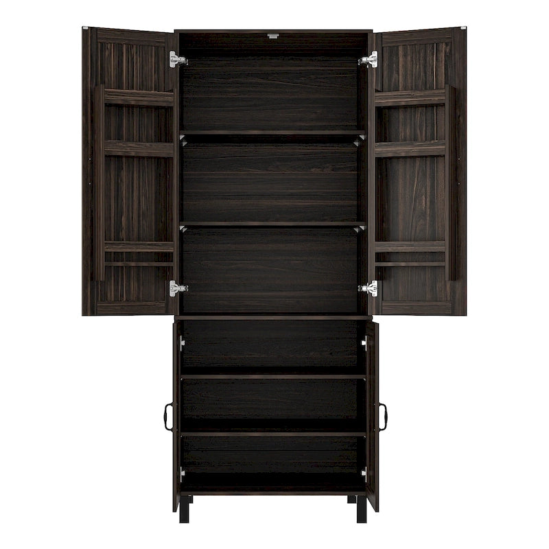 Dark Wood Grain Double-Door Kitchen Pantry Cabinet with Multi-Tier Shelves