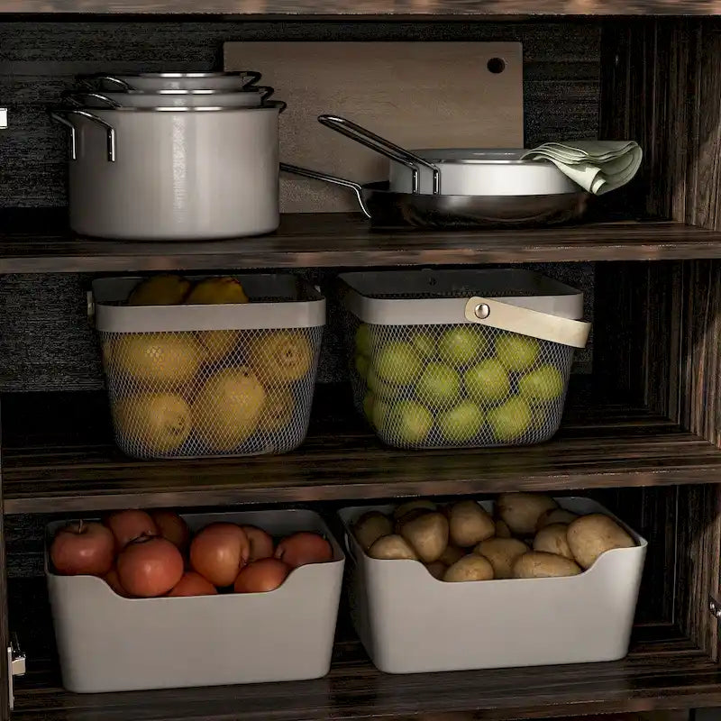Dark Wood Grain Double-Door Kitchen Pantry Cabinet with Multi-Tier Shelves