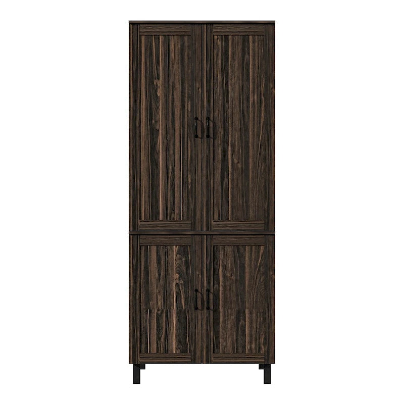 Dark Wood Grain Double-Door Kitchen Pantry Cabinet with Multi-Tier Shelves