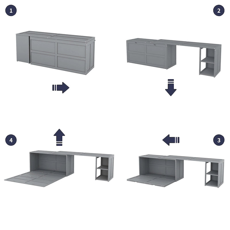 Gray Wall Murphy Bed with Rotating Desk and Built-In Storage Cabinet