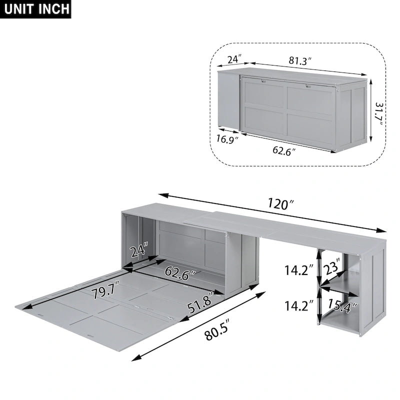 Gray Wall Murphy Bed with Rotating Desk and Built-In Storage Cabinet