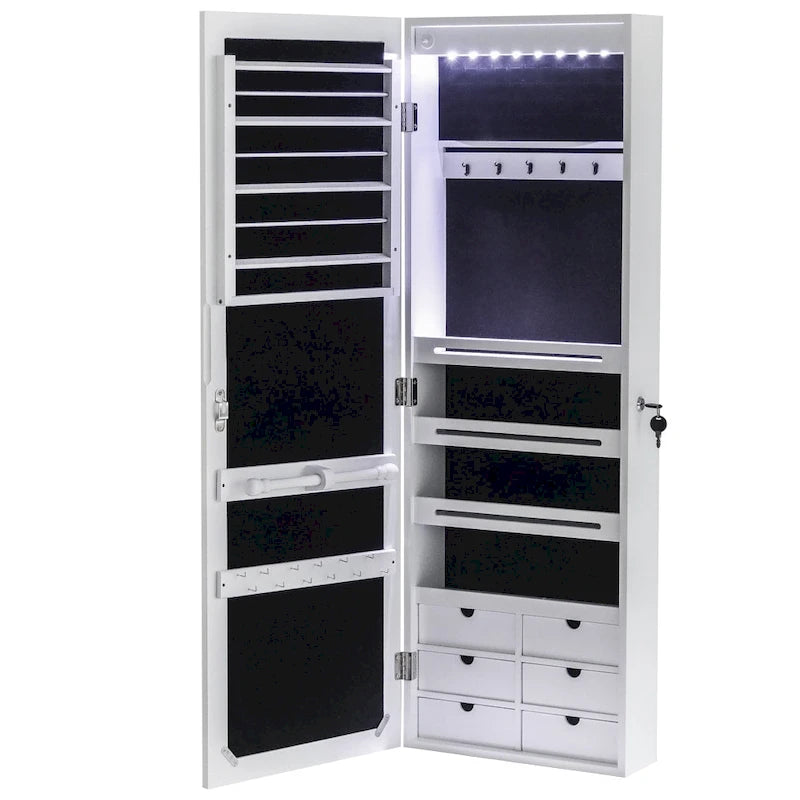 White Wall Mounted Jewelry Armoire Cabinet with Mirror and Six Drawers