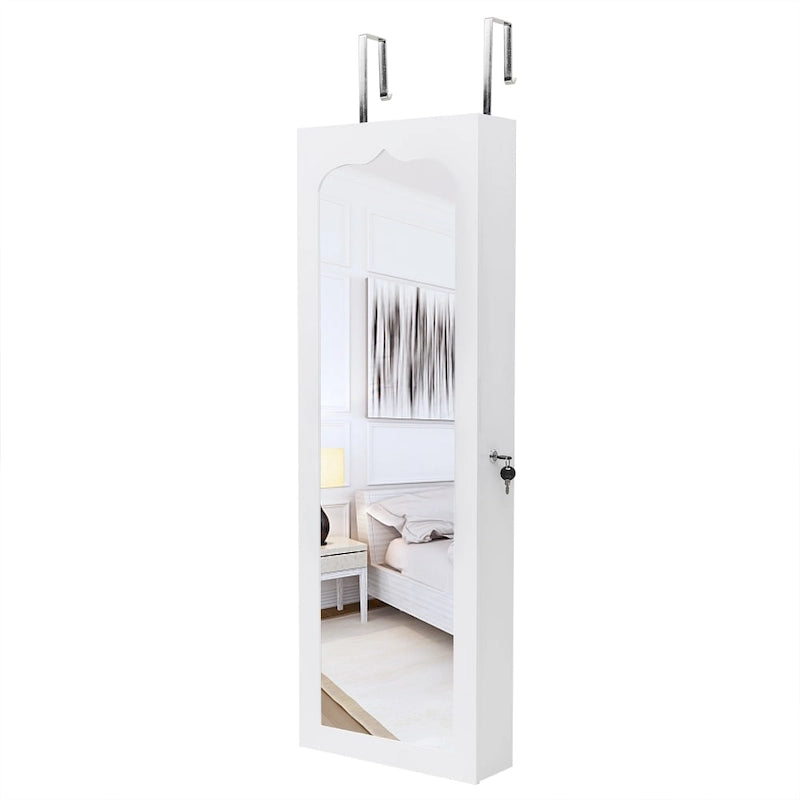 White Wall Mounted Jewelry Armoire Cabinet with Mirror and Six Drawers
